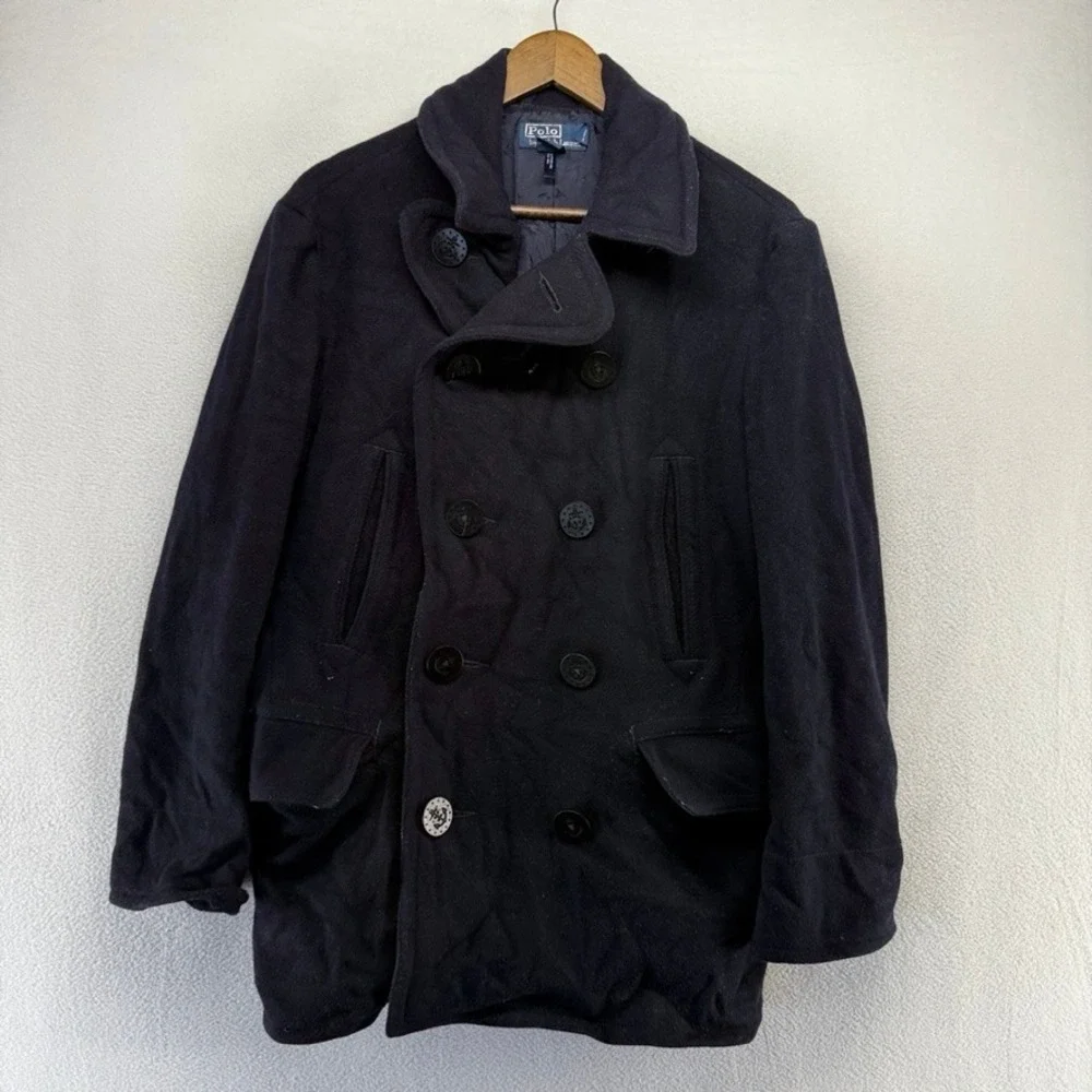 Polo Ralph Lauren Pea Coat Mens Medium Blue Double Breasted Wool Blend Nautical